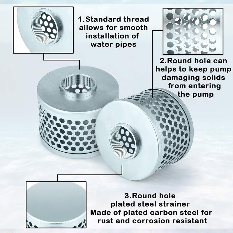 Tujoe 2 Inch Round Hole Suction Strainer Filter Carbon Steel Plated Npt Thread Hose Water Pump Inlet Strainer for Remove Debris Trash Reduces Solids Entering - Image 3
